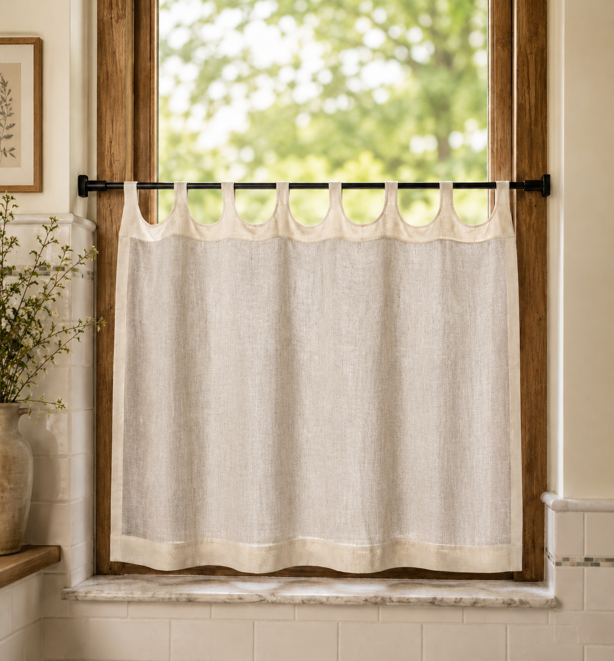 Customized linen cafe curtain 1 Panel Linen Sabby Chic Curtains Scalloped Tab Top Semi-Sheer Linen French Cafe Curtain
